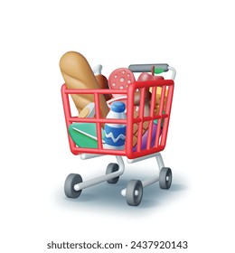 3D Shopping Plastic Basket with Fresh Products. Render Grocery Store, Supermarket. Food and Drinks. Milk, Vegetables, Meat Chicken, Cheese, Sausage, Salad, Bread Chocolate Egg. Vector illustration