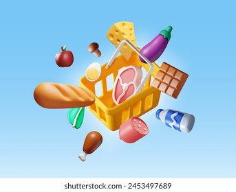 Cesta de plástico de compras 3D con productos frescos. Tienda de comestibles, supermercado. Comida y bebidas. Leche, verduras, carne, pollo, queso, salchicha, ensalada, pan y chocolate. Ilustración vectorial