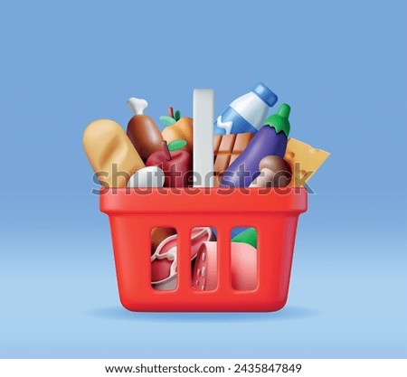 3D Shopping Plastic Basket with Fresh Products. Render Grocery Store, Supermarket. Food and Drinks. Milk, Vegetables, Meat Chicken, Cheese, Sausage, Salad, Bread Chocolate Egg. Vector illustration