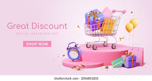 3d shopping sale promotion banner. Full shopping cart on round podium with countdown clock and credit card aside. Concept of great discount, suitable for black friday and anniversary. - Shutterstock ID 2056851833