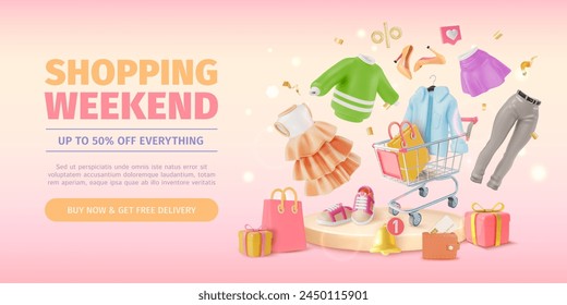 3d Shopping Weekend Sale Half Price Ads Banner Concept Poster Card. Vector illustration of Floating Clothing