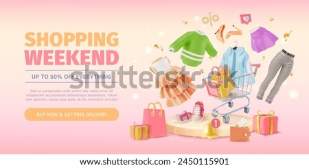 3d Shopping Weekend Sale Half Price Ads Banner Concept Poster Card. Vector illustration of Floating Clothing