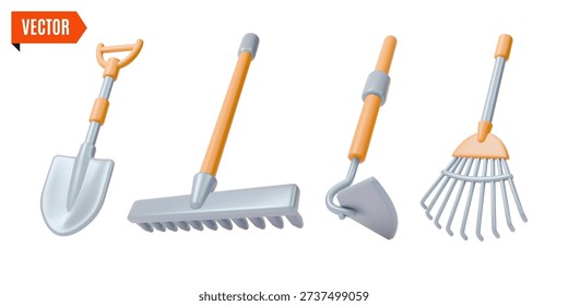 3d Shovel, Hoe and Rake Set Tools Agricultural and Garden Concept Cartoon Design Style. Vector illustration