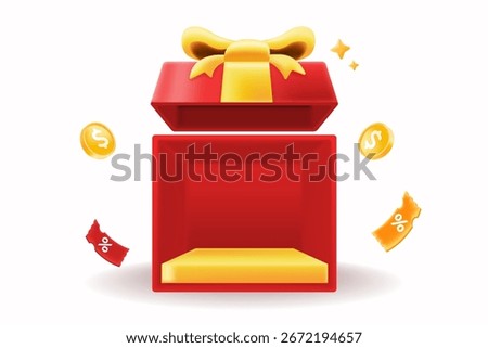 3D showcases red gift box with gold ribbon, coin, and discount coupon.  online shopping, promotional campaigns, sales offer, giveaways, and marketing visuals