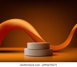 3D mostrando una plataforma de visualización de productos. Dos pedestales cilíndricos beige, ideales para la exhibición cosmética de lujo o del producto. telón de fondo dinámico anaranjado fluyente abstracto de la onda