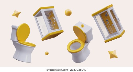 3D shower, toilet with golden seat, bubbles, stars. Set of vector illustrations in cartoon style. Sanitary ware cleaning. Concept of sterile cleanliness. Shining bathroom