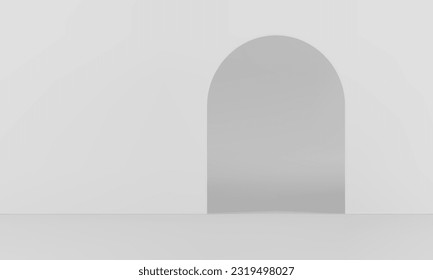 3d showroom archway entrance exit curved gate interior design for product promo presentation realistic vector illustration. Arch hole white studio background indoor architecture room studio background