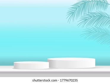 3d showroom place. Blue studio background with white round shape podium display, blank product stand vector.