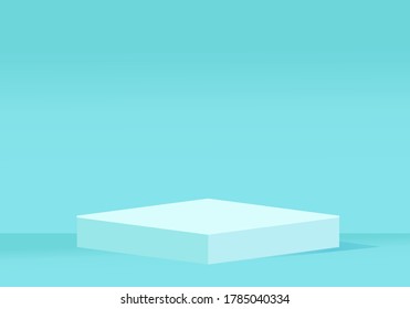 3.ª sala de exposición. fondo de estudio azul con forma de cubo pastel pantalla de podio peatonal, vector de soporte de producto en blanco.
