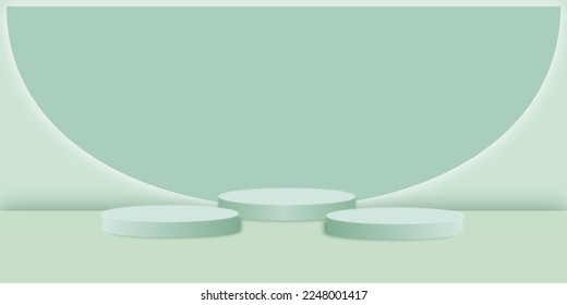 3d showroom place. green studio background with round shape podium display, blank product stand vector illustration.