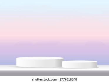 3d showroom place. Pink purple studio background with white round shape podium display, blank product stand vector.