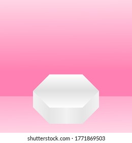 3d showroom place. Pink studio background with white hexagon podium display, blank product stand vector. 