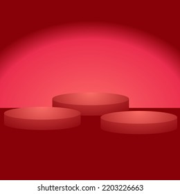 3d showroom place. Red studio background with round shape podium display, blank product stand vector.