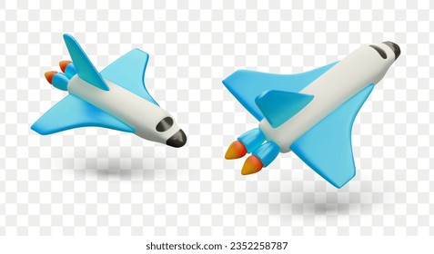 3D shuttle in flight. Colorful spaceship, view from different sides. Isolated vector object in cartoon style. Symbol of development. Cute icons for web design