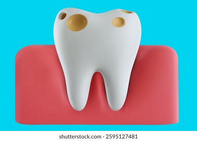 3d sick decayed tooth in gum. Bright medical design element. Minimal dental healthcare illustration in cartoon style.