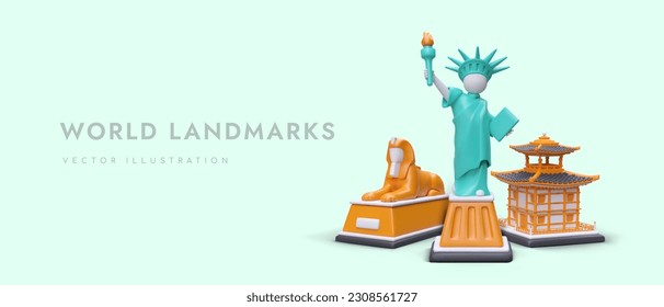 3D sights of world. Landmarks interesting for tourists. Advertising banner of travel agency. Template with realistic Statue of Liberty, Sphinx, pagoda. Horizontal vector concept for web design