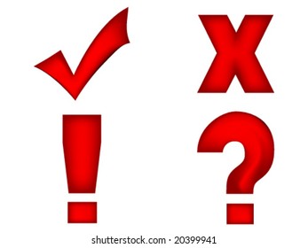 3d signo - cheque, x, exclamación y pregunta