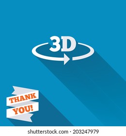 3D sign icon. 3D New technology symbol. Rotation arrow. White flat icon with long shadow. Paper ribbon label with Thank you text. Vector