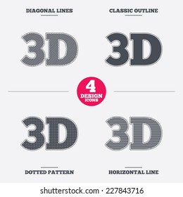 3D sign icon. 3D New technology symbol. Diagonal and horizontal lines, classic outline, dotted texture. Pattern design icons.  Vector