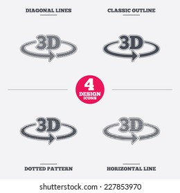 3D sign icon. 3D New technology symbol. Rotation arrow. Diagonal and horizontal lines, classic outline, dotted texture. Pattern design icons.  Vector