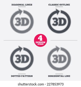 3D sign icon. 3D New technology symbol. Rotation arrow. Diagonal and horizontal lines, classic outline, dotted texture. Pattern design icons.  Vector
