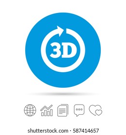 3D sign icon. 3D New technology symbol. Rotation arrow. Copy files, chat speech bubble and chart web icons. Vector
