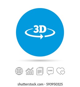 3D sign icon. 3D New technology symbol. Rotation arrow. Copy files, chat speech bubble and chart web icons. Vector