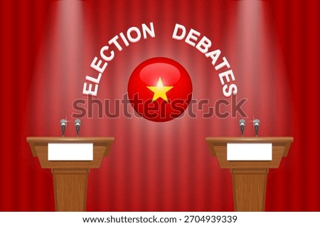 A 3D sign reading "Election Debates" against a backdrop of red curtains with a 3D yellow star of the Vietnamese flag above two wooden tribunes illuminated by floodlights.