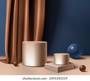 3d silk curtain and product podium background. Luxury pedestal with realistic elegant cloth on dark blue wall. Fashion presentation interior with sphere and fabric render. Premium stage for exhibition