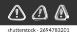3D silver alert icon set with chrome glow isolated on dark bg. Render of triangle sign cyber risk, scam, fraud, hacker attack. Tech warning mark for caution, danger, exclamation and hazard. 3D vector