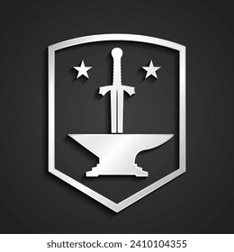 3d silver anvil with sword heraldry logo design