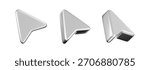 3D silver arrow cursor icon set with smooth chrome gradient, isolated on a white background. Realistic glossy pointer for UI,UX interfaces, web navigation, arrow clicks. 3D vector illustration