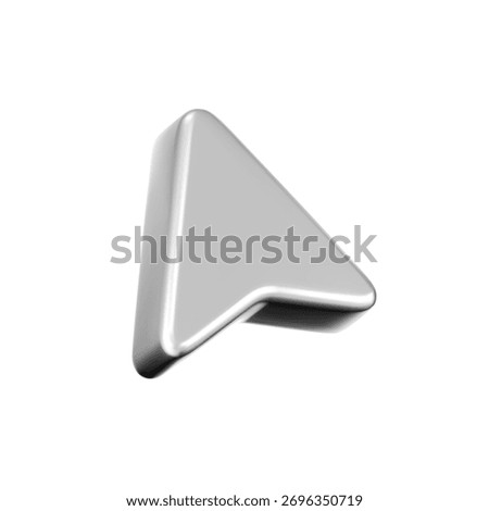 3D silver arrow cursor icon with smooth chrome gradient, isolated on a white background. Realistic glossy pointer for UI,UX interfaces, web navigation, arrow click. 3D vector illustration