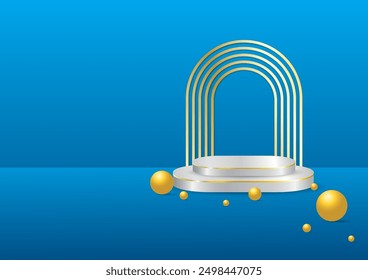 3D silver background pedestal golden curve back The front has a golden sphere with free space on the left side, a blue gradient background, designed for placing products, awards, and displays.