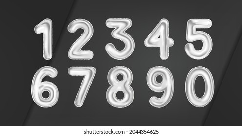 3D silver balloons numbers 0 to 9 in realistic style with glare and reflections. Realistic shiny decoration elements for Party, birthday, celebrate anniversary and wedding. Vector numbers balloons set