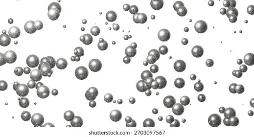 3D silver bubbles and spheres forming abstract pattern background. Glossy 3D spheres and floating bubbles with metallic shine, grain texture, and smooth reflective gradient effect