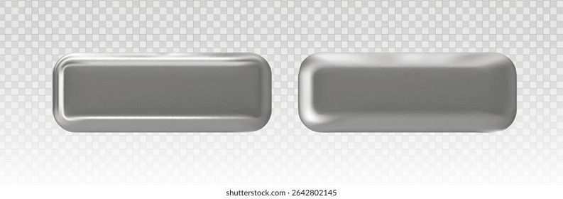 3d silver button with chrome metal badge and round glossy frame. Elegant medal or web shield design with realistic steel texture. Isolated vector set for game ui and modern banner.