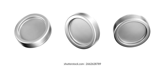 Conjunto de iconos de monedas de plata 3D con efecto metálico cromado. Render de monedas de cromo brillante, ficha de juego, icono de moneda digital, fichas de casino o medallas de recompensa de plata. Diseño de la interfaz de usuario de finanzas. Ilustración vectorial 3D