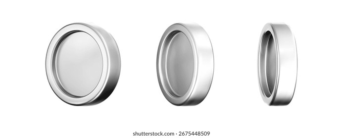 Iconos de la moneda de plata 3D fijados con un efecto metálico cromado, aislado en un fondo blanco. Render de monedas de cromo, fichas de juego, iconos de moneda digital o medallas de recompensa de plata. Ilustración vectorial 3D.