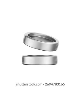 3D silver coin stack with a chrome metallic effect, isolated on a white background. Render of chrome coins, game token, digital currency icons or silver reward medals. 3D vector illustration