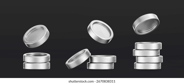 3D silver coin stack isolated on dark background. Realistic metallic chrome tokens for finance, casino, jackpot, payment, banking, treasure, reward, currency, poker. 3D vector illustration