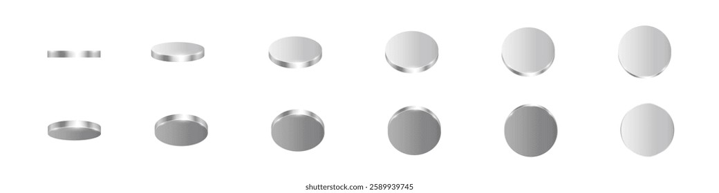 3d silver coins animation. Metal money rotation in different positions. Flip coins vector set isolated on white background. Payments, investment, banking, finance, casino, game icons.