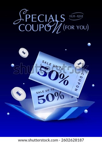 3d silver coupons flying up from an exploded gift box with coins flying around, isolated on dark background.
Gift voucher with gift box banner template in 3d vector