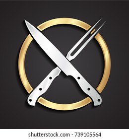 3d silver crossed knife and fork golden circle logo