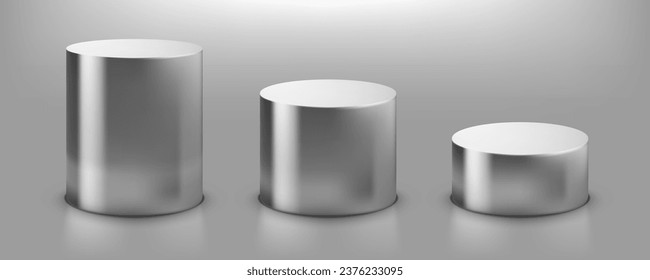 3D Silver Cylinder Set On Gray Background. Front View. EPS10 Vector