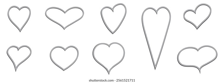 3d silver frames in the shape of a heart different form for a picture or photo. Vector isolated on transparent. Templates for web design, simple vector for a postcard for Valentine's Day.