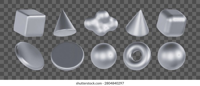 3d silver geometric shapes objects set 3d argent geometry Realistic elements isolated on metallic color gradient