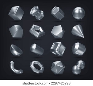 3 d formas geométricas de plata. Cubo vectorial y cilindro, esfera y octaedro, cono, pirámide, paralelepípedo. Prismos cuadrados, hexagonales y pentagonales, dodecaedro y icosaedro, hemisferio