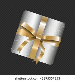 Caja de regalo de plata 3D aislada sobre fondo transparente. Elemento de diseño navideño y vacacional con arco de cinta dorada y satinada. Estilo 3d Navidad Escena de podio del producto con capucha volante caja de regalo blanca
