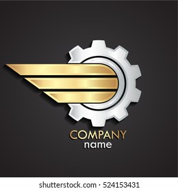 3d Silver Gold Gear With Metal Wing Logo